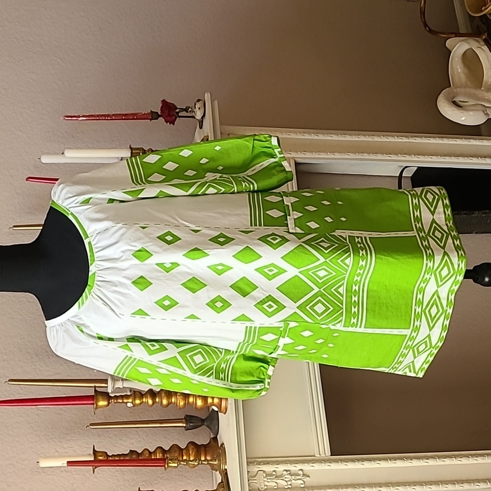 Tibi New York Green and White Geometric Print Tunic Shift Dress Casual Chic